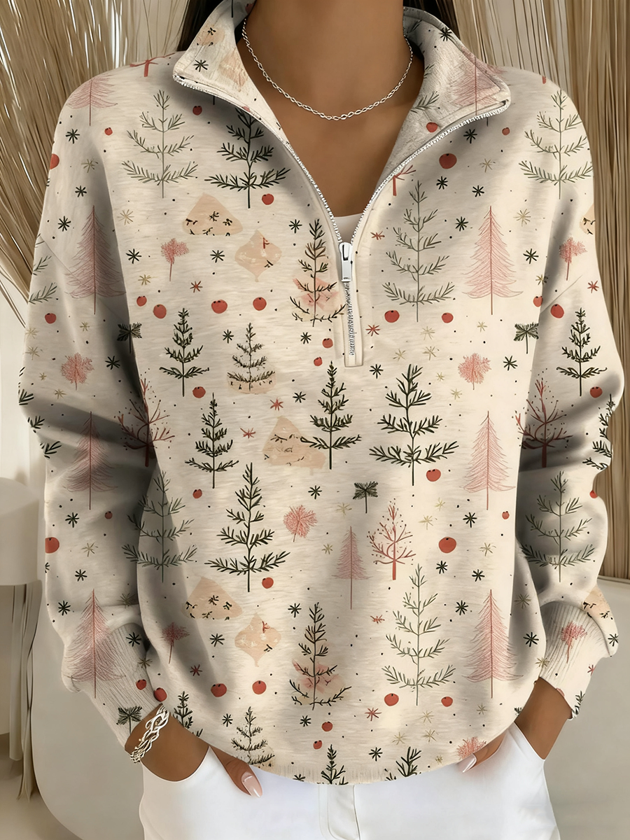 Beige long-sleeve Christmas print henley top with button placket and point collar
