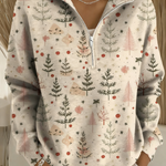 Beige long-sleeve Christmas print henley top with button placket and point collar