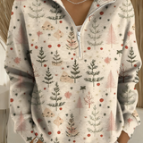 Beige long-sleeve Christmas print henley top with button placket and point collar