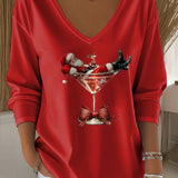 Damen Santa Claus Bedrucktes V-Ausschnitt T-Shirt