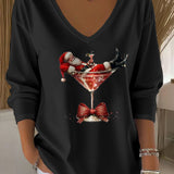 Damen Santa Claus Bedrucktes V-Ausschnitt T-Shirt