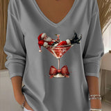 Damen Santa Claus Bedrucktes V-Ausschnitt T-Shirt