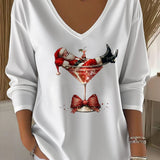 Damen Santa Claus Bedrucktes V-Ausschnitt T-Shirt