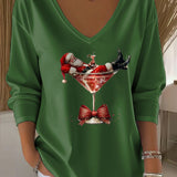 Damen Santa Claus Bedrucktes V-Ausschnitt T-Shirt