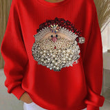 Damen Santa Claus Bedruckter Gerippter Rundhals-Sweatshirt