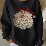 Damen Santa Claus Bedruckter Gerippter Rundhals-Sweatshirt