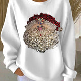 Damen Santa Claus Bedruckter Gerippter Rundhals-Sweatshirt