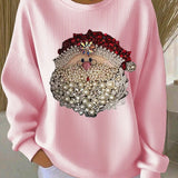 Damen Santa Claus Bedruckter Gerippter Rundhals-Sweatshirt
