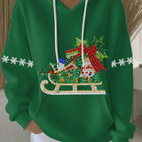 Green womens holiday print hoodie with rhinestone sleigh graphic, white drawstrings