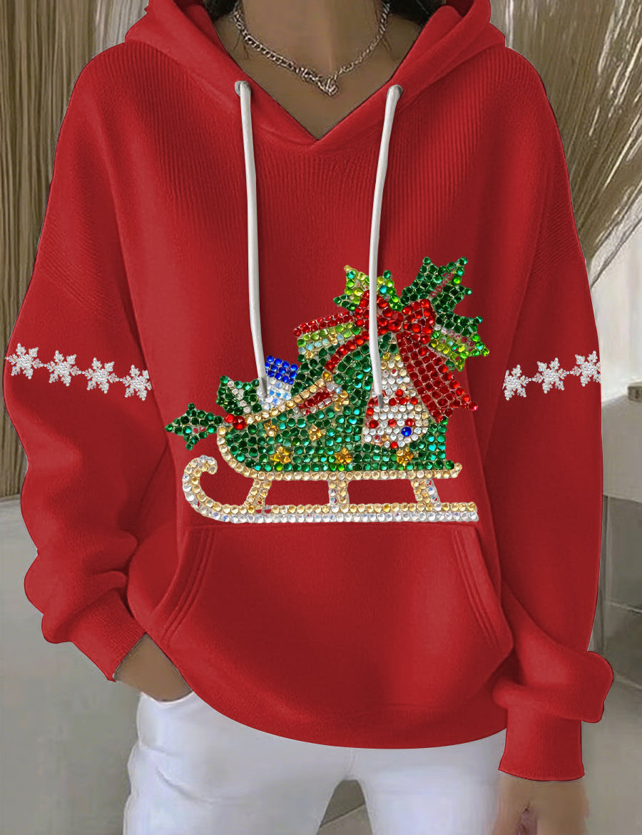 Red womens holiday print hoodie with rhinestone sleigh graphic, white drawstrings