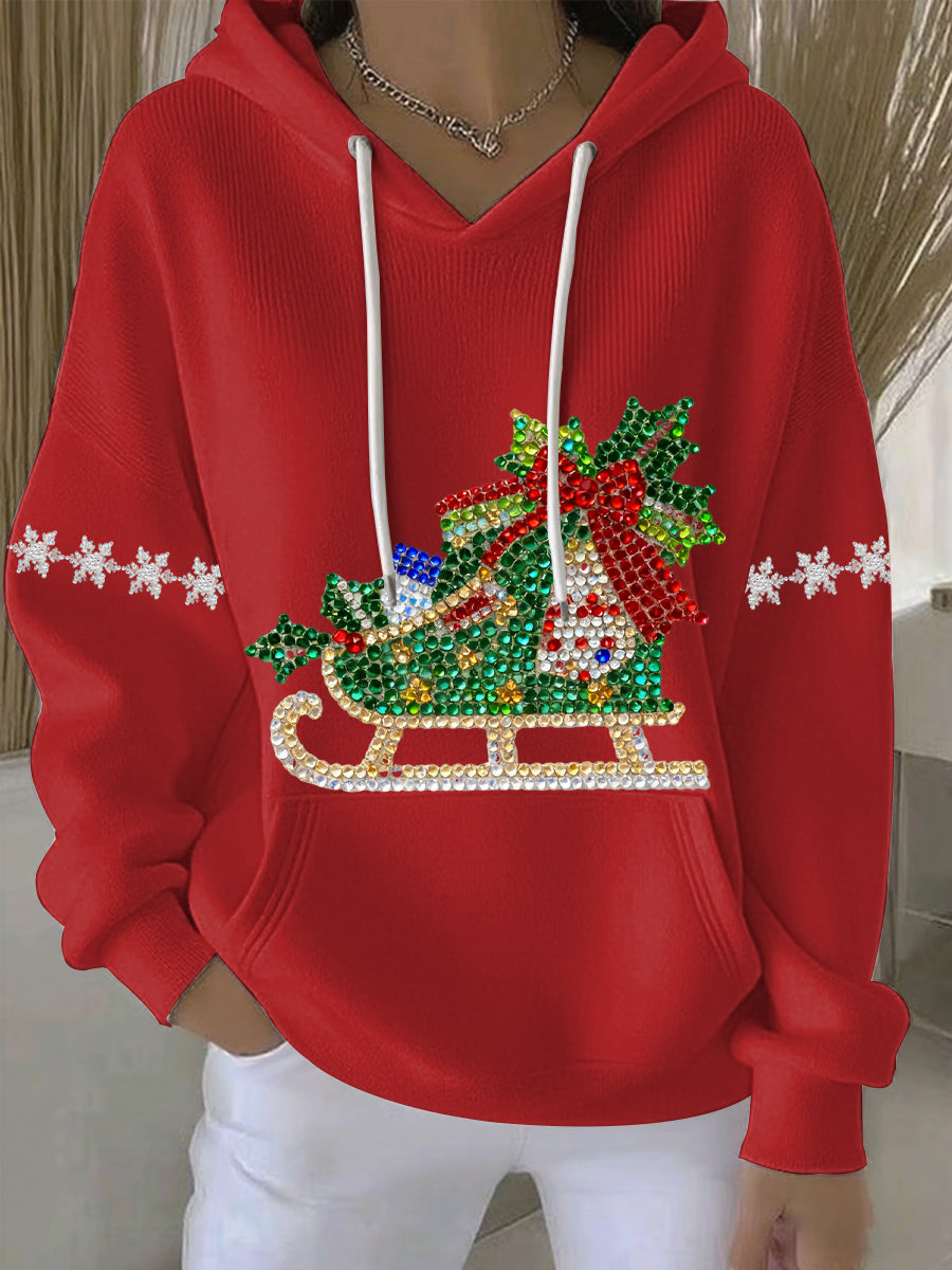 Red womens holiday print hoodie with rhinestone sleigh graphic, white drawstrings