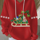 Red womens holiday print hoodie with rhinestone sleigh graphic, white drawstrings