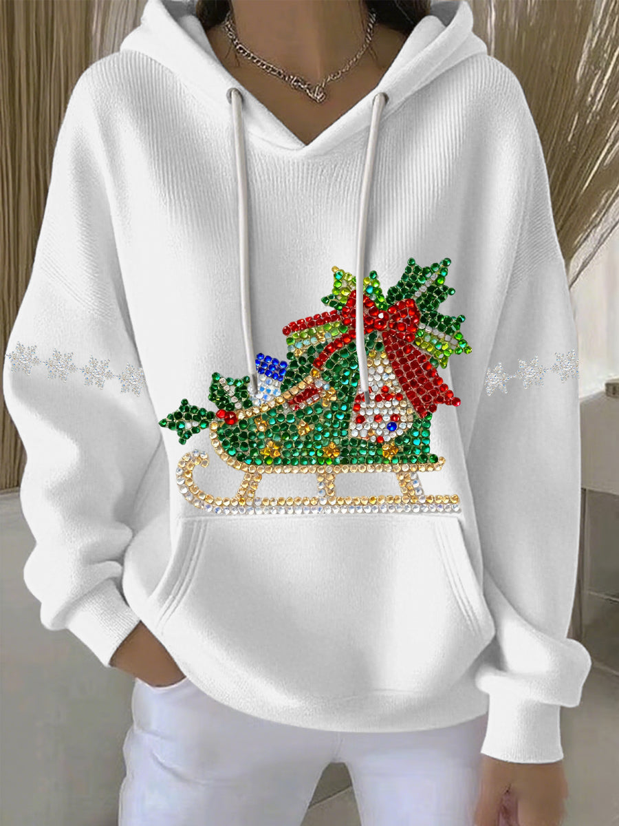 White womens holiday print hoodie with rhinestone sleigh graphic, white drawstrings