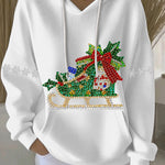 White womens holiday print hoodie with rhinestone sleigh graphic, white drawstrings