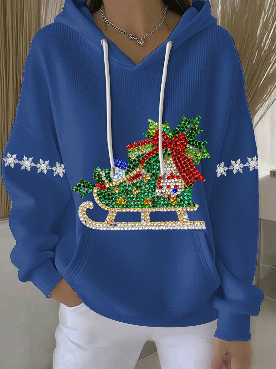 Blue womens holiday print hoodie with rhinestone sleigh graphic, white drawstrings