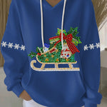 Blue womens holiday print hoodie with rhinestone sleigh graphic, white drawstrings