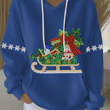 Blue womens holiday print hoodie with rhinestone sleigh graphic, white drawstrings