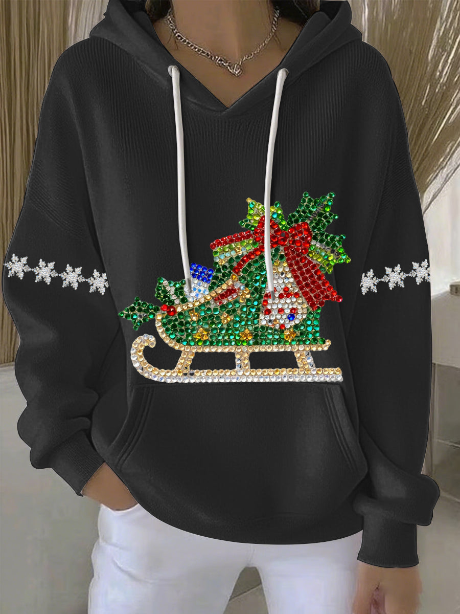 Black womens holiday print hoodie with rhinestone sleigh graphic, white drawstrings