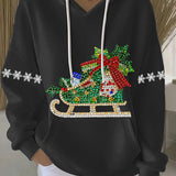 Black womens holiday print hoodie with rhinestone sleigh graphic, white drawstrings
