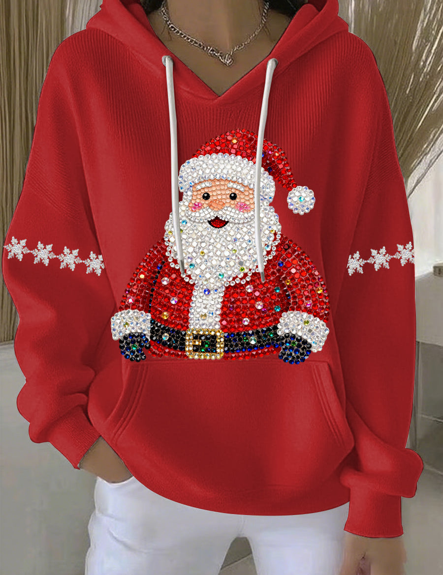 Red Christmas graphic hoodie with hood and drawstrings, Santa rhinestone print