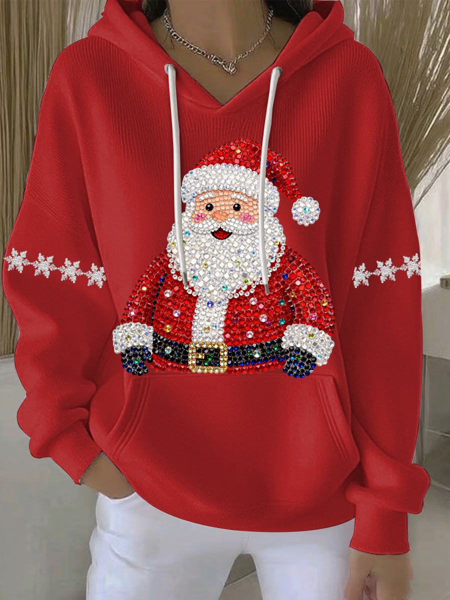 Red Christmas graphic hoodie with hood and drawstrings, Santa rhinestone print