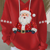 Red Christmas graphic hoodie with hood and drawstrings, Santa rhinestone print