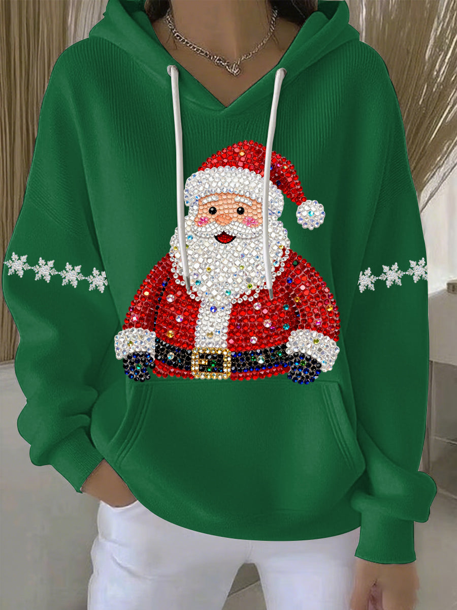 Green Christmas graphic hoodie with hood and drawstrings, Santa rhinestone print