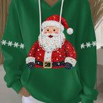 Green Christmas graphic hoodie with hood and drawstrings, Santa rhinestone print