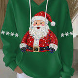 Green Christmas graphic hoodie with hood and drawstrings, Santa rhinestone print