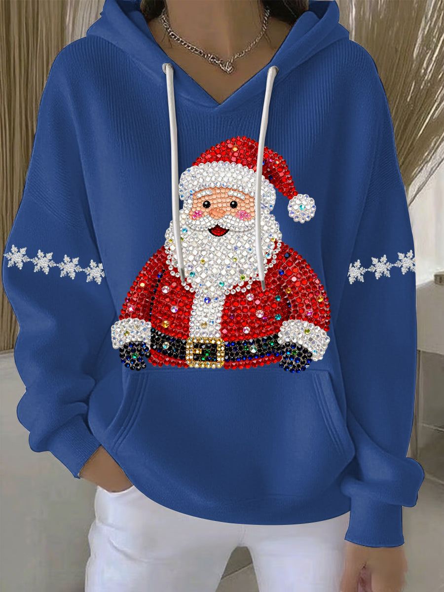 Blue Christmas graphic hoodie with hood and drawstrings, Santa rhinestone print