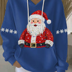 Blue Christmas graphic hoodie with hood and drawstrings, Santa rhinestone print
