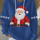 Blue Christmas graphic hoodie with hood and drawstrings, Santa rhinestone print