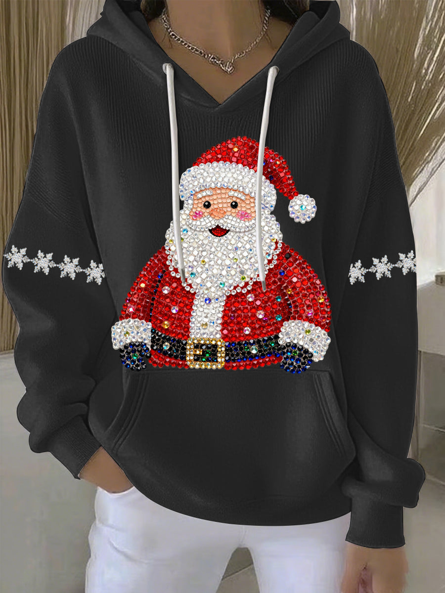 Black Christmas graphic hoodie with hood and drawstrings, Santa rhinestone print