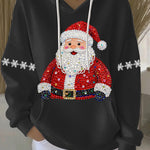 Black Christmas graphic hoodie with hood and drawstrings, Santa rhinestone print