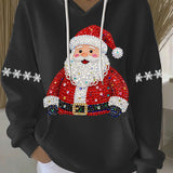 Black Christmas graphic hoodie with hood and drawstrings, Santa rhinestone print