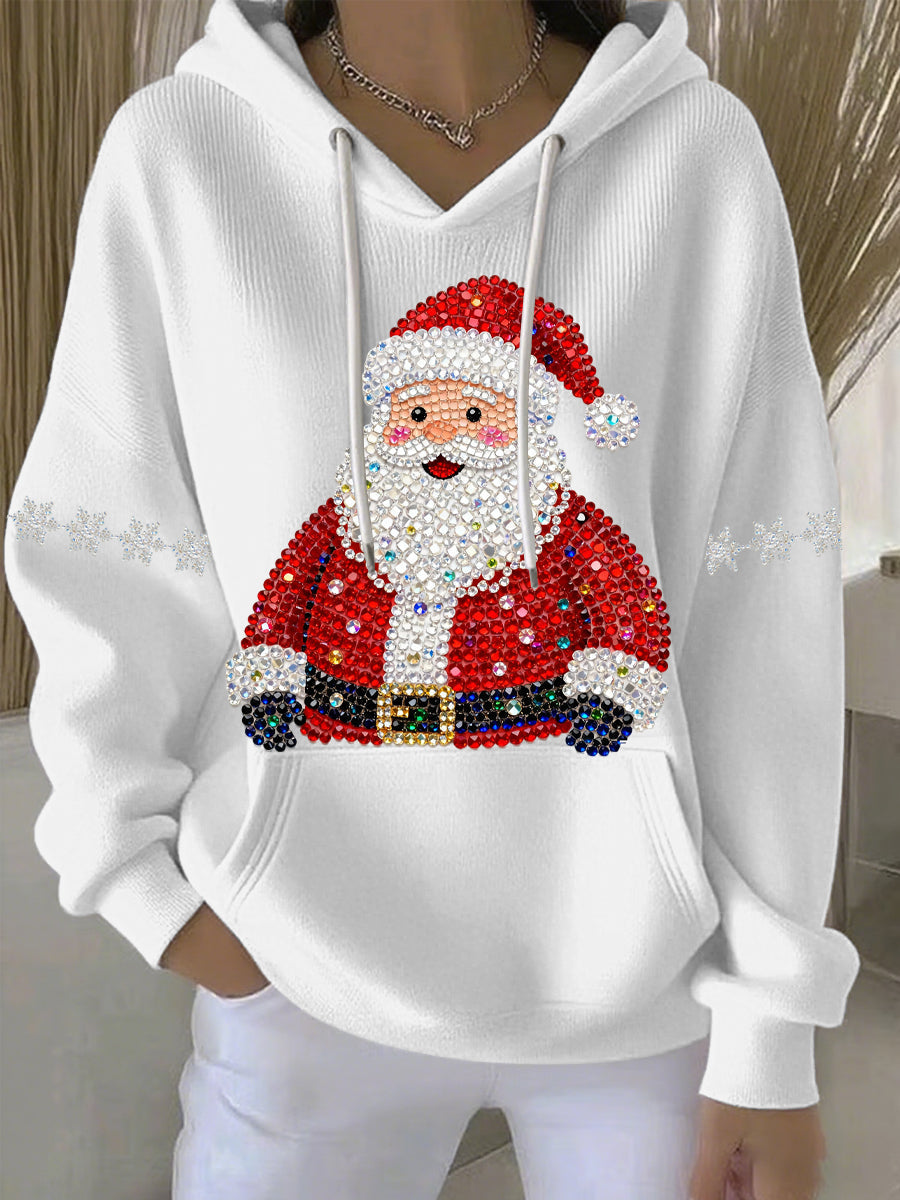 White Christmas graphic hoodie with hood and drawstrings, Santa rhinestone print
