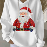 White Christmas graphic hoodie with hood and drawstrings, Santa rhinestone print