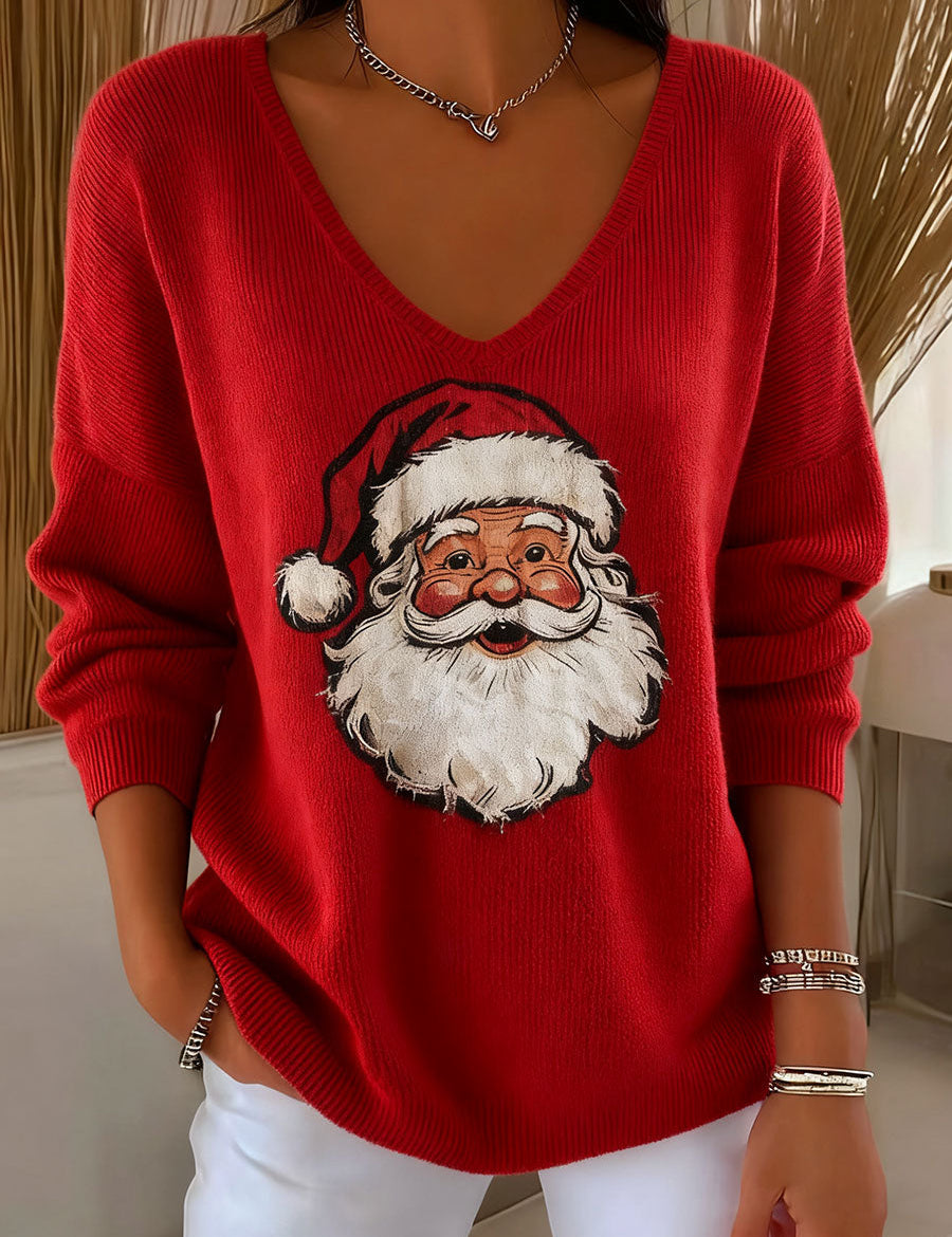 Women's red V-neck Santa Claus print knit top