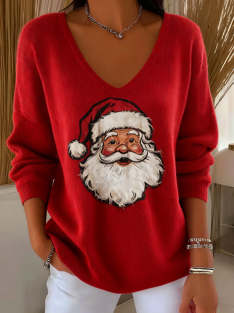 Women's red V-neck Santa Claus print knit top