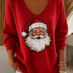 Women's red V-neck Santa Claus print knit top