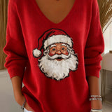 Women's red V-neck Santa Claus print knit top