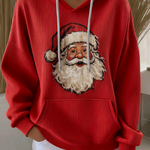 Red Santa Claus graphic pullover hoodie with hood, drawstrings, and front pouch pocket.