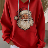 Red Santa Claus graphic pullover hoodie with hood, drawstrings, and front pouch pocket.