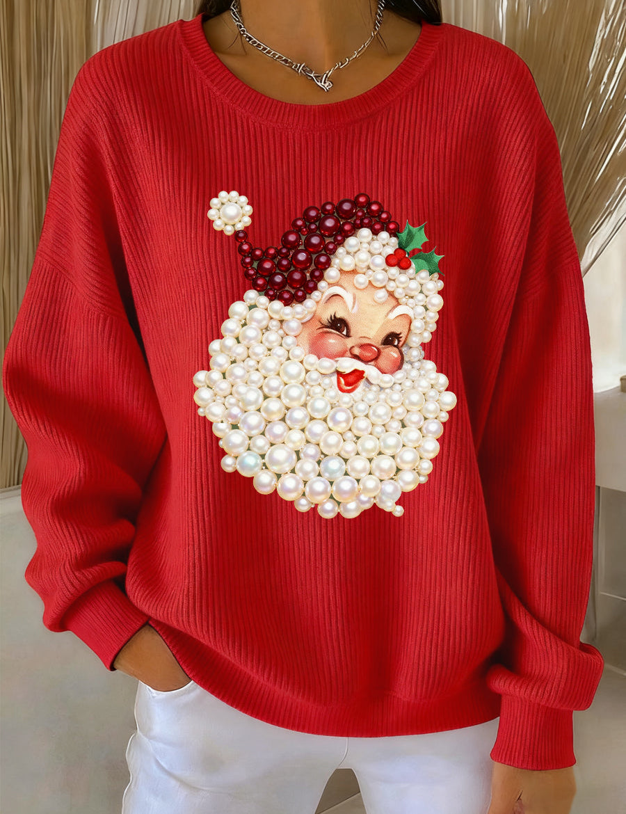 Red women’s crewneck sweatshirt with pearl Santa face print and long sleeves