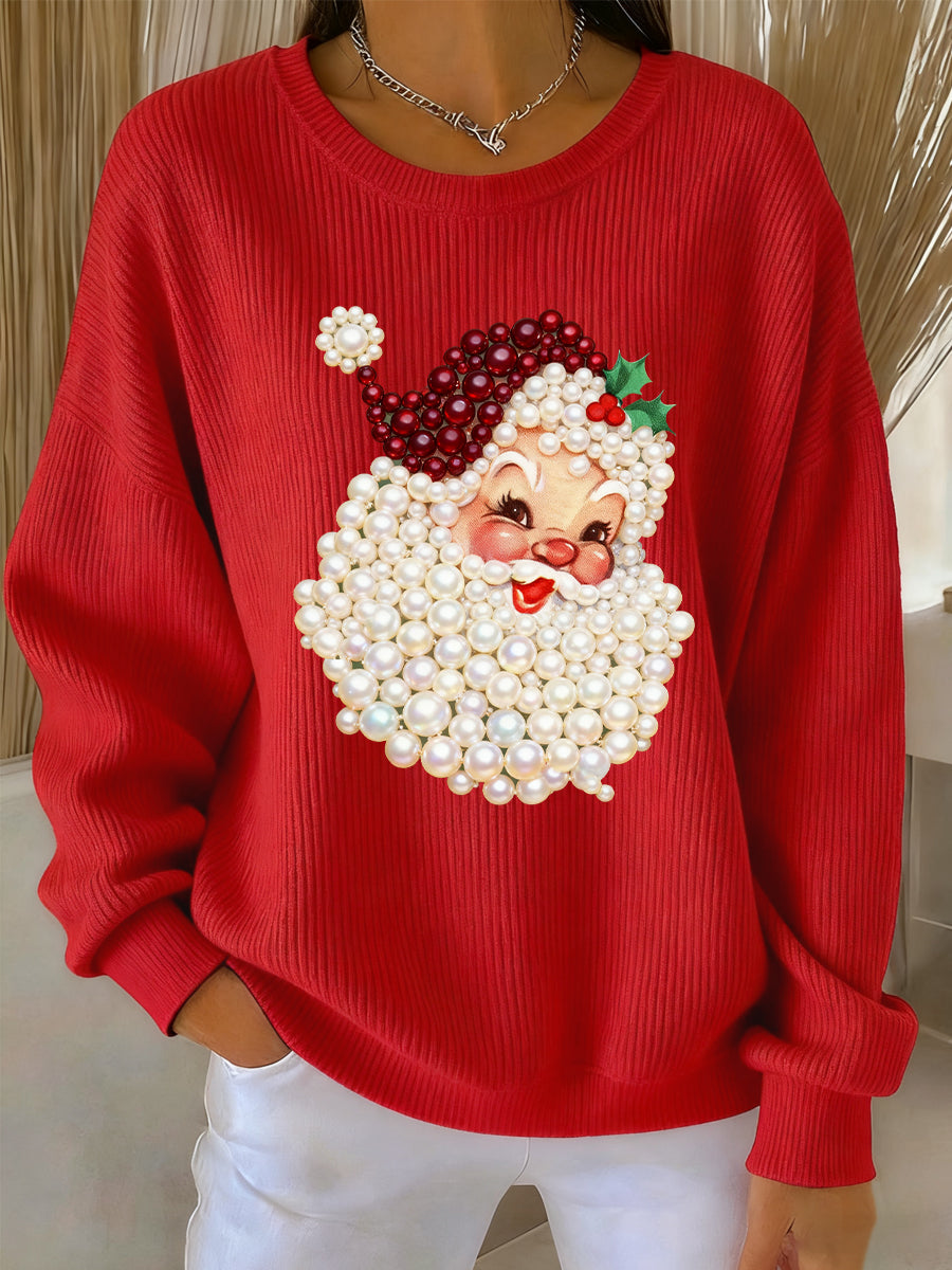 Red women’s crewneck sweatshirt with pearl Santa face print and long sleeves
