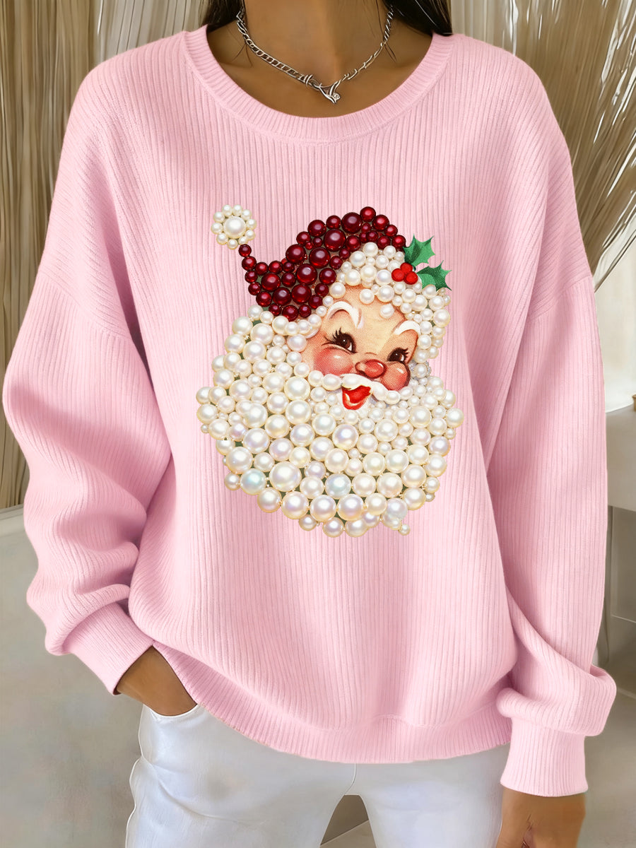 Pink women’s crewneck sweatshirt with pearl Santa face print and long sleeves