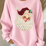 Pink women’s crewneck sweatshirt with pearl Santa face print and long sleeves