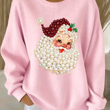Pink women’s crewneck sweatshirt with pearl Santa face print and long sleeves