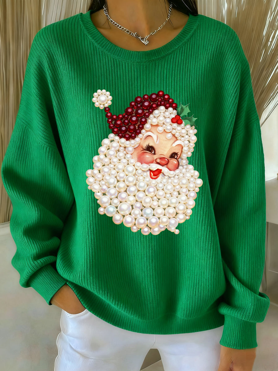 Green women’s crewneck sweatshirt with pearl Santa face print and long sleeves