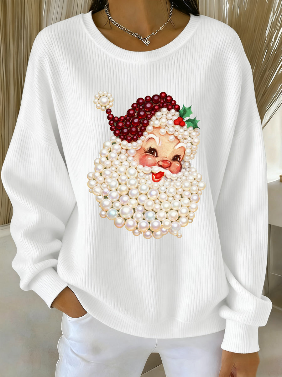 White women’s crewneck sweatshirt with pearl Santa face print and long sleeves